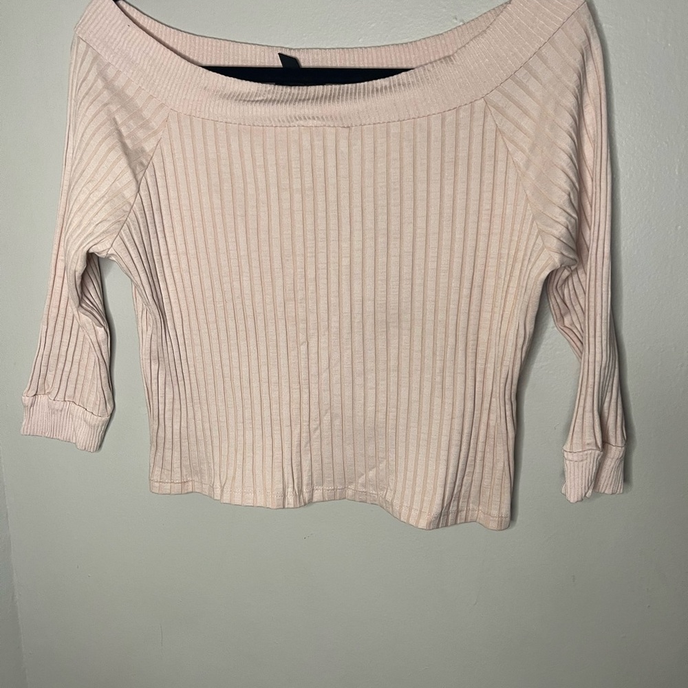 Topshop Pale Pink Ribbed Off Shoulder Crop Top Women’s Size 12 - Picture 3 of 6